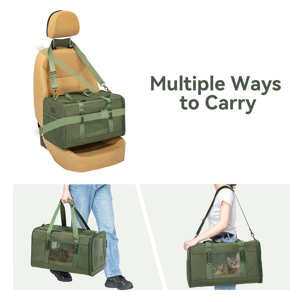 Petsfit 19x12x12 Pet Carrier for Large Cats (up to 20 lbs), Soft-Sided Small Dog Travel Carrier, Upgraded with Patented Buckle and Soft Padding, Ideal for Car Road Trips Green