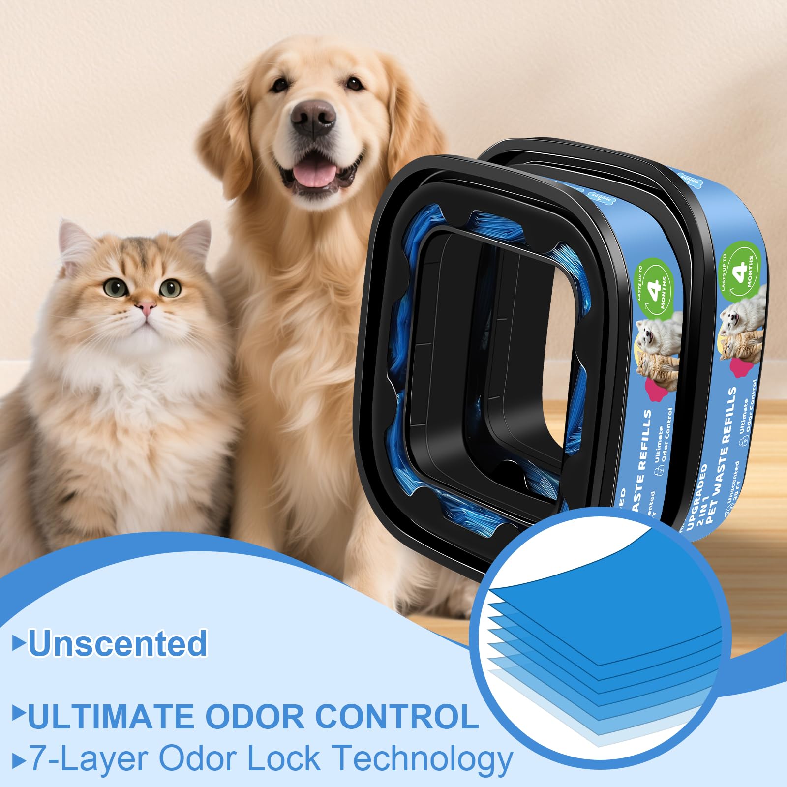 Genie Refill Bags for Cat Dog 2 Pack - Total 56FT Lasts Up to 8 Months - 2026 New Superior Odor Control for Dog Poop Cat Litter Bags - Pet Waste Refill Bags Fits Pet Genie and Litter Genie Pails