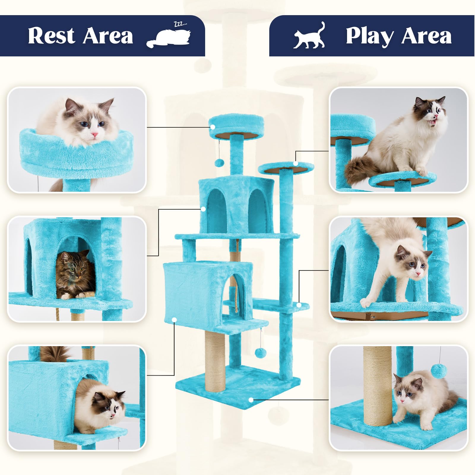 TSCOMON 58.5inch Large Cat Tree Tower Condo for Indoor Cats, Soft Plush Multi-Level Climbing Tree Cat House, Scratching Post, More Entrance/Exit, Sisal Rope, Peacock Blue