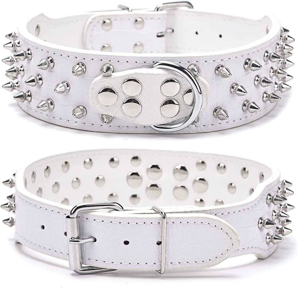 Serijoars Spiked Studded Dog Collar, PU Leather Dog Collar, Adjustable Pet Collars for Medium or Large Breed Pet (M, White1)
