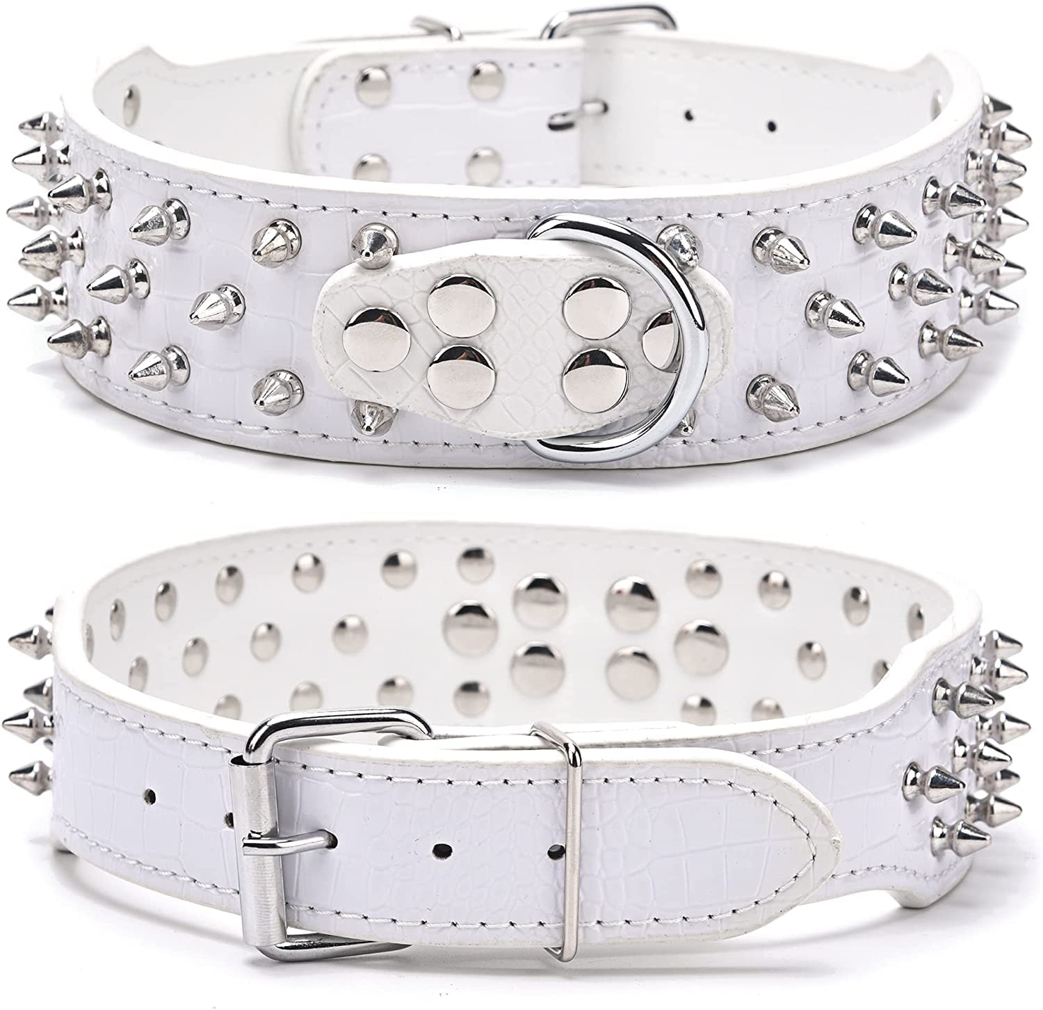 Serijoars Spiked Studded Dog Collar, PU Leather Dog Collar, Adjustable Pet Collars for Medium or Large Breed Pet (M, White1)