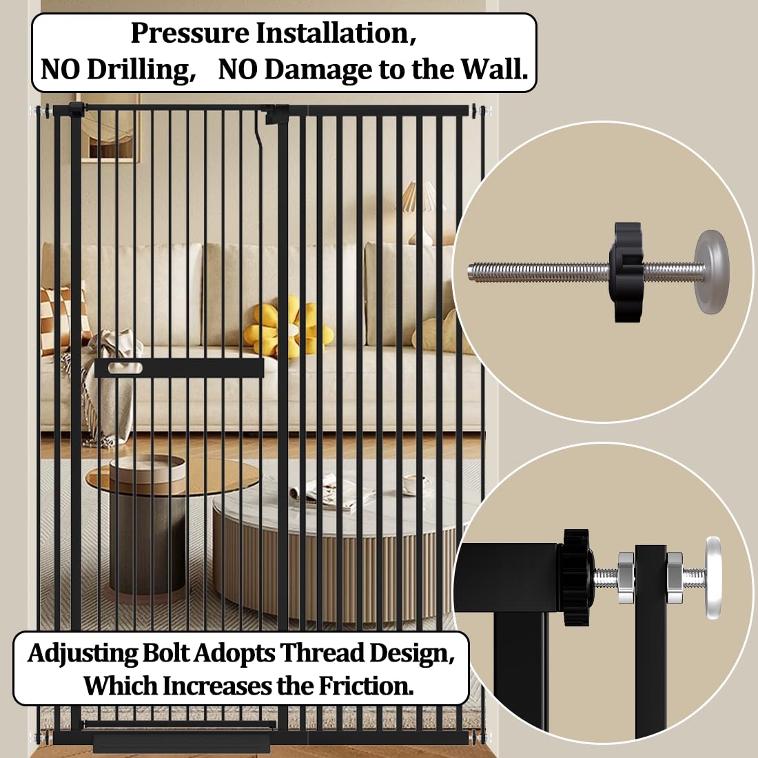 WAOWAO 71" Extra Tall Cat Pet Gate 29.92-37.79" Wide Pressure Mounted Walk Through Swing Auto Close Safety Black Metal Dog Pet Puppy Cat for Indoor Stairs,Doorways