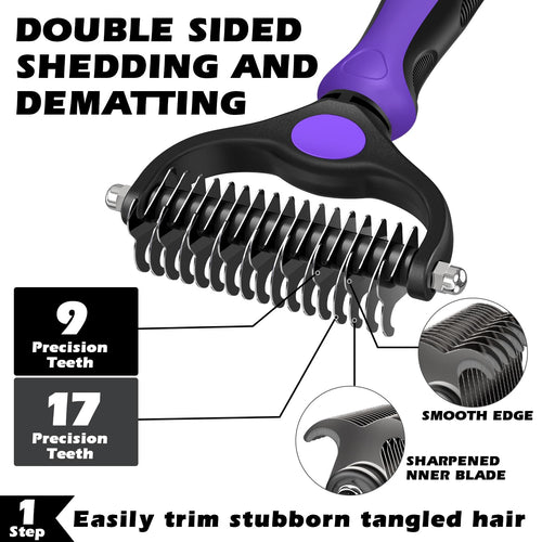 3PCS Self Cleaning Slicker Brush & Pet Grooming Rake & Flea Comb for Dogs,Cats and Horses | Double-Sided Dematting Comb & Skin Friendly Deshedding Grooming Tool | Premium Pet Supplies (Purple)