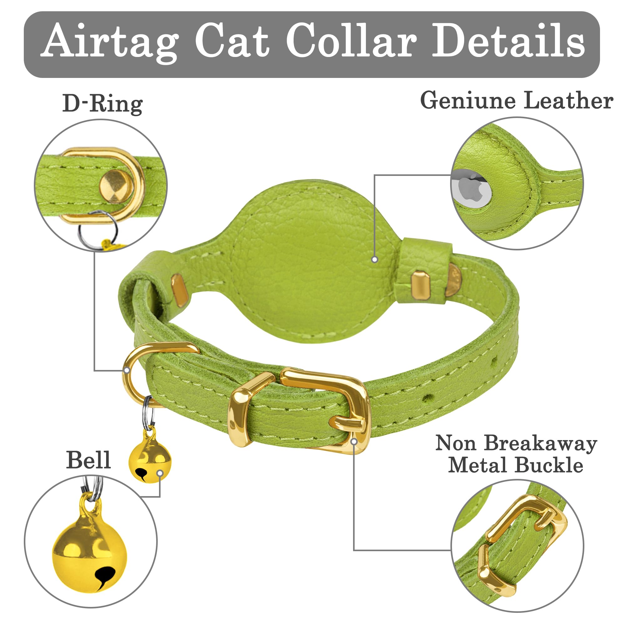 OOPSDOGGY Leather AirTag Cat Collar with Bell - Non Breakaway Kitten Collar with Apple Air Tag Holder - Lightweight GPS Pet Collars for Girl Boy Cats, Small Dogs, Puppies (Lime Green)
