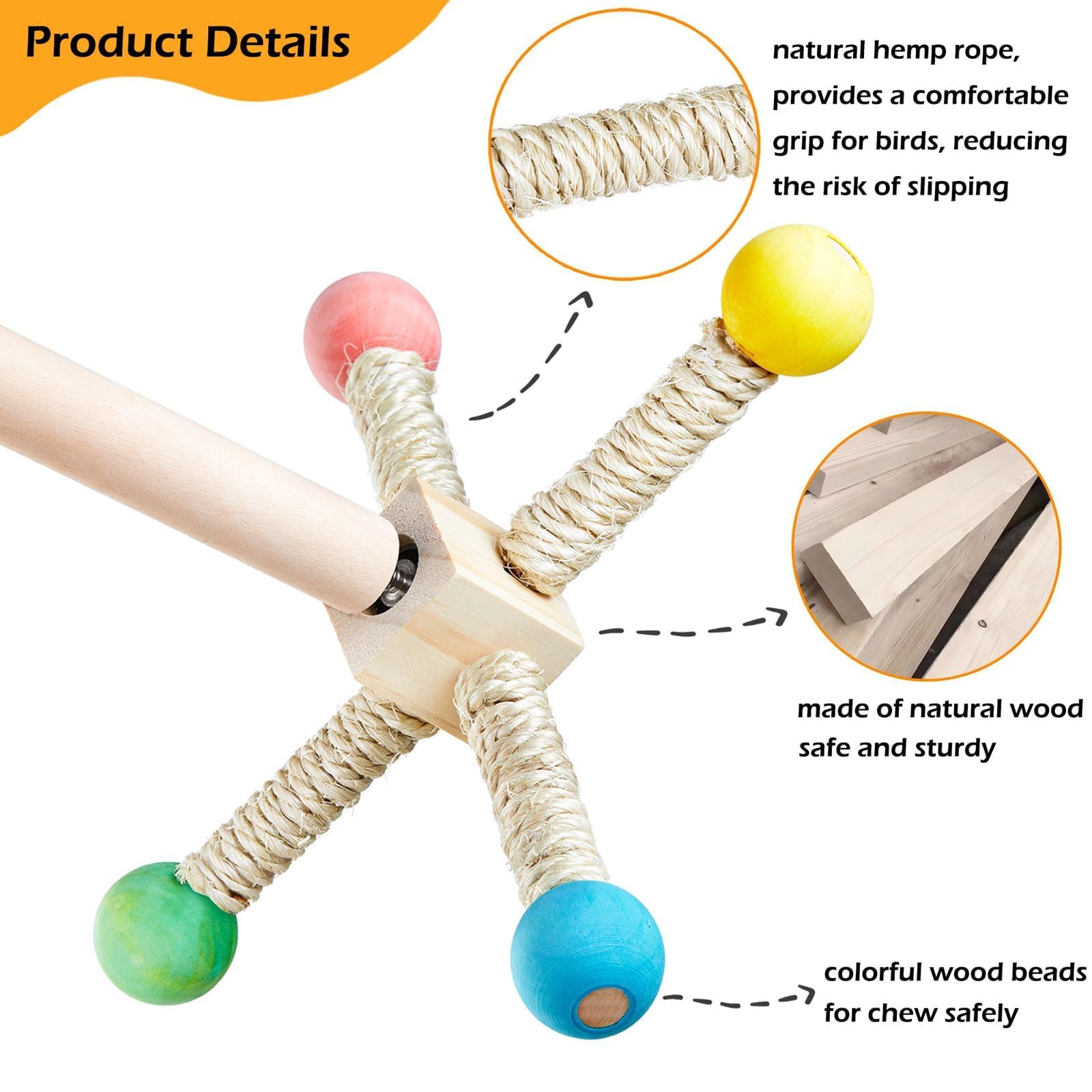 Jevnd Bird Perch Toy, Kiln-Dried Wood Interactive 360° Spinning Cage Toy(S)
