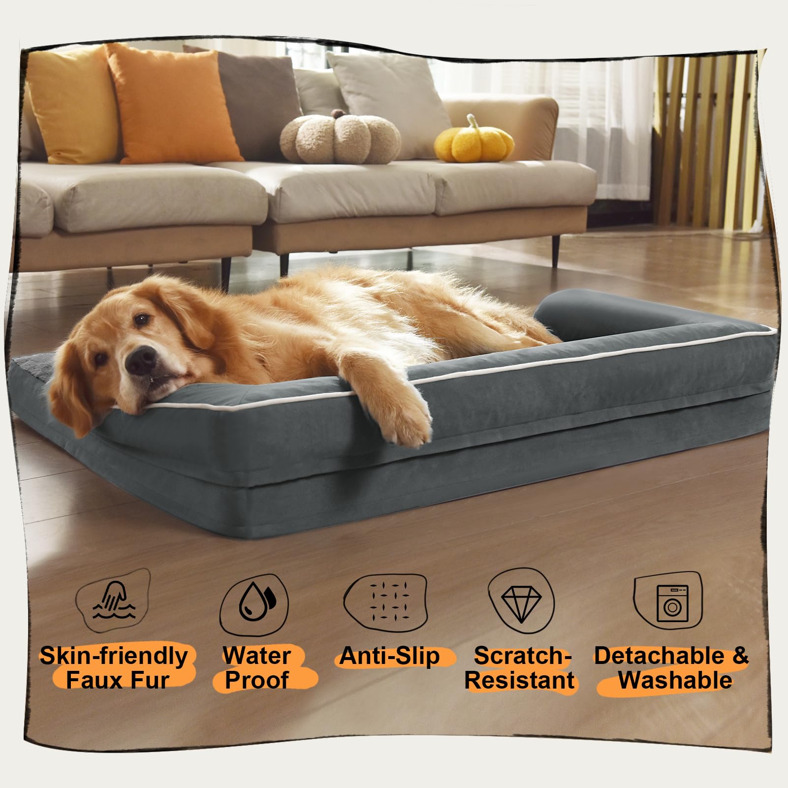 MEKIY Orthopedic Waterproof Dog Bed Pet Couch with Bolster for Medium Dogs
