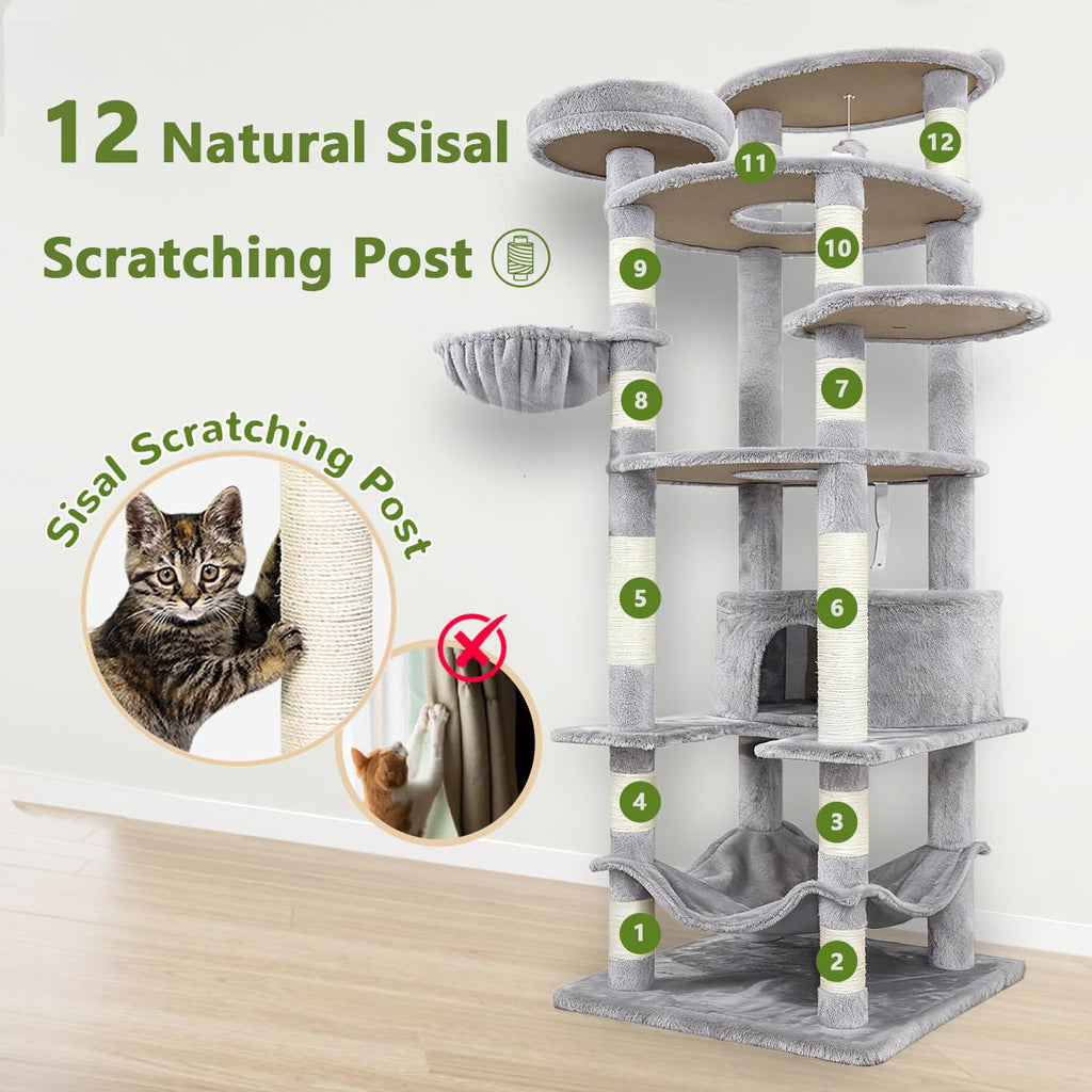 KWOJU 78.8" Large Cat Tree Tower for Indoor Kitties, Multi-Level Furniture Activity Center for Tall Cat Condo with Cozy Perches,Sisal Scratching Posts,Hammock and Basket (78.8 inch Light Gray)