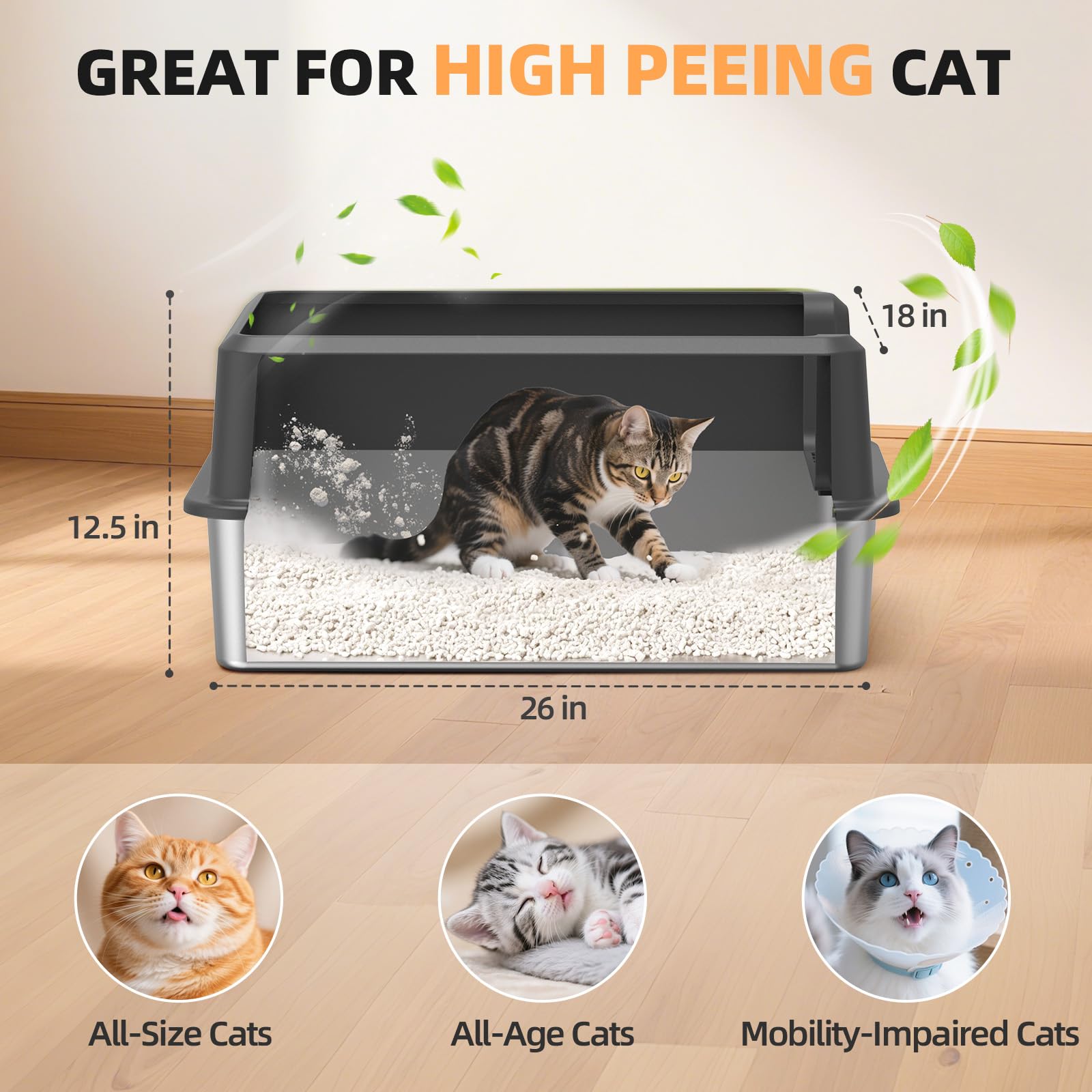Stainless Steel Cat Litter Box, XXL High Sided Open Top Litter Pan, 1 Scoop