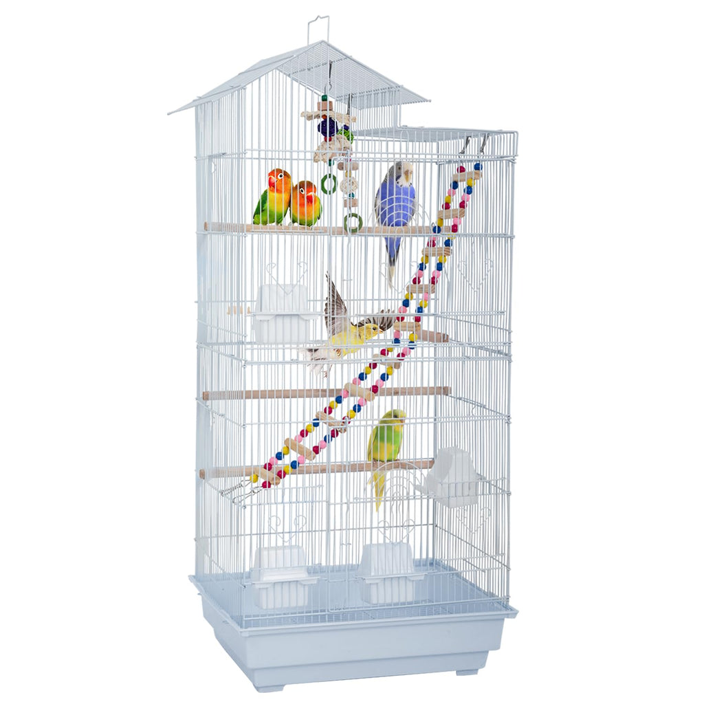 FDW 39 Inch Bird Cage Parakeet Cage with Play Top Rolling Stand & Easy Clean Pull-Out Tray Roof Top Parrot Cage for for Finches Canaries Parakeets Cockatiels & Other Small Birds, White