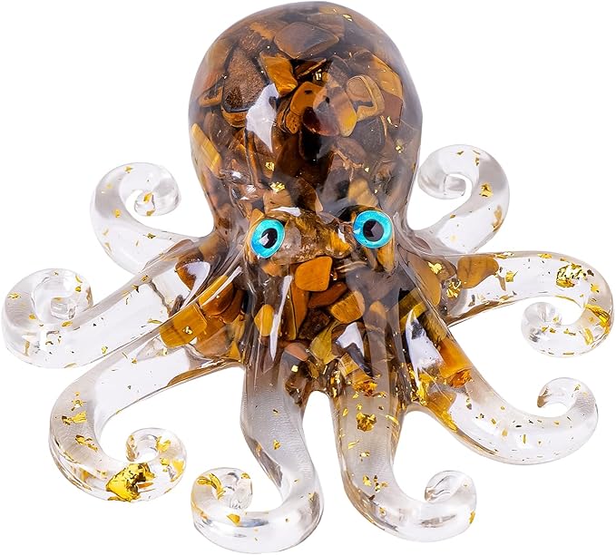 RJINGSHI Natural Crystal Gravel Octopus Resin Marine Animals Fish Tank Decorative Ornaments Octopus Statue Healing Crystal Home Decor Ladies Gift 3.93" (White-Turquoise