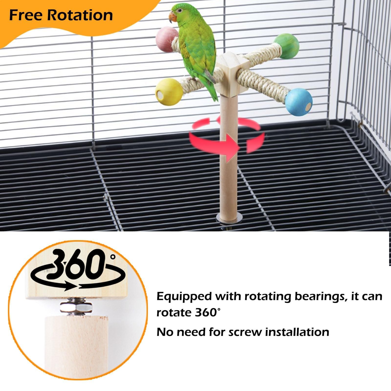Jevnd Bird Perch Toy, Kiln-Dried Wood Interactive 360° Spinning Cage Toy(S)