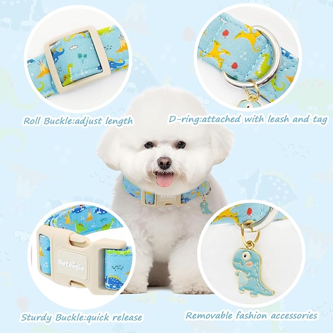 Astdogio Dinosaur Dog Collar for Medium Dogs, Cute Puppy Collars with Quick Release Buckle, Cotton Dog Collars for Small Medium Large Dogs, Fashion Pet Collar for Girl Boy Dog-M