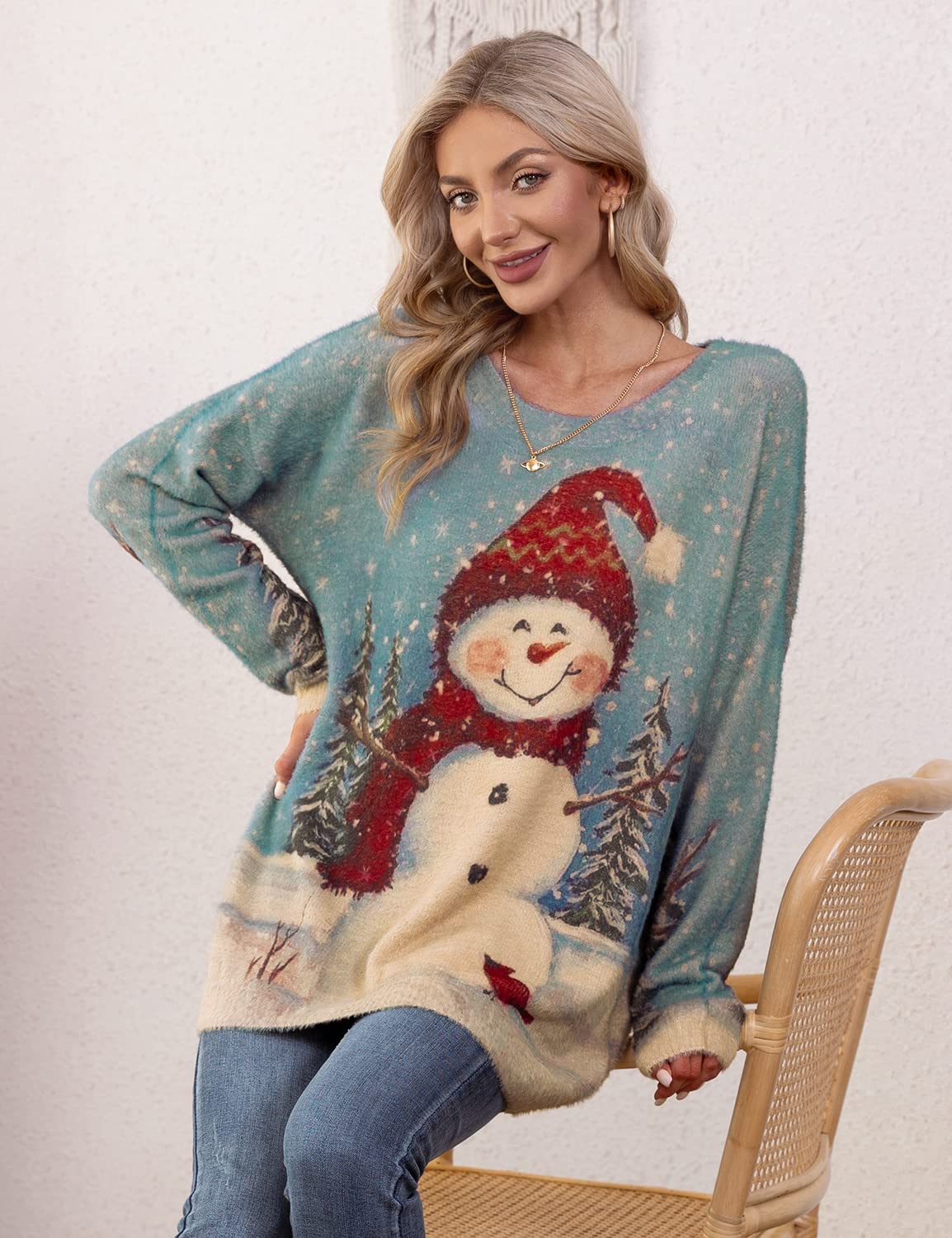 YESNO Women Christmas Sweater Graphic Printed Oversized Pullover Sweaters Casual Loose Knit Tops L S01 CR121