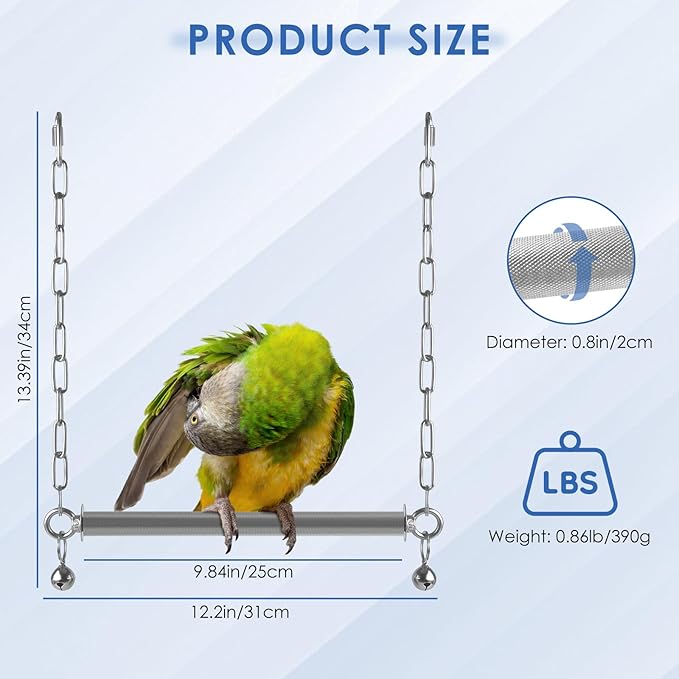 DBNESS Stainless Steel Large Bird Swing, Hanging Heavy Duty Parrot Swings Perches Stand Toys with Bell, Claw Grinding Birdcage Accessories for Macaw Afican Grey Amazon Cockatoo