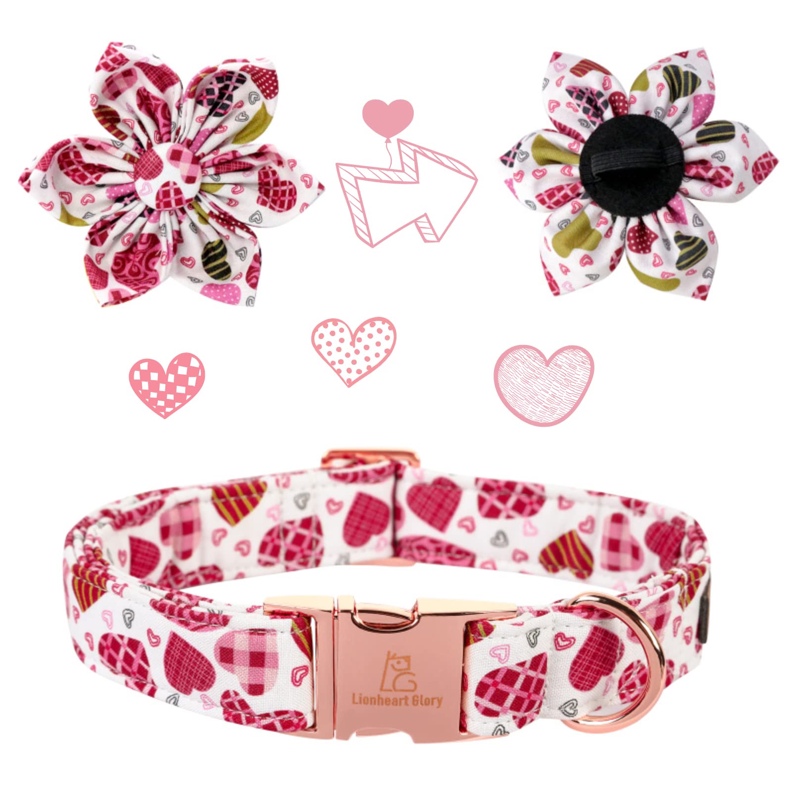 Lionheart Glory Heart Dog Collar, Valentine's Day Dogs Collar with Flower, Cute Floral Pattern Pet Collars Adjustable Dog Collars for Large Dogs