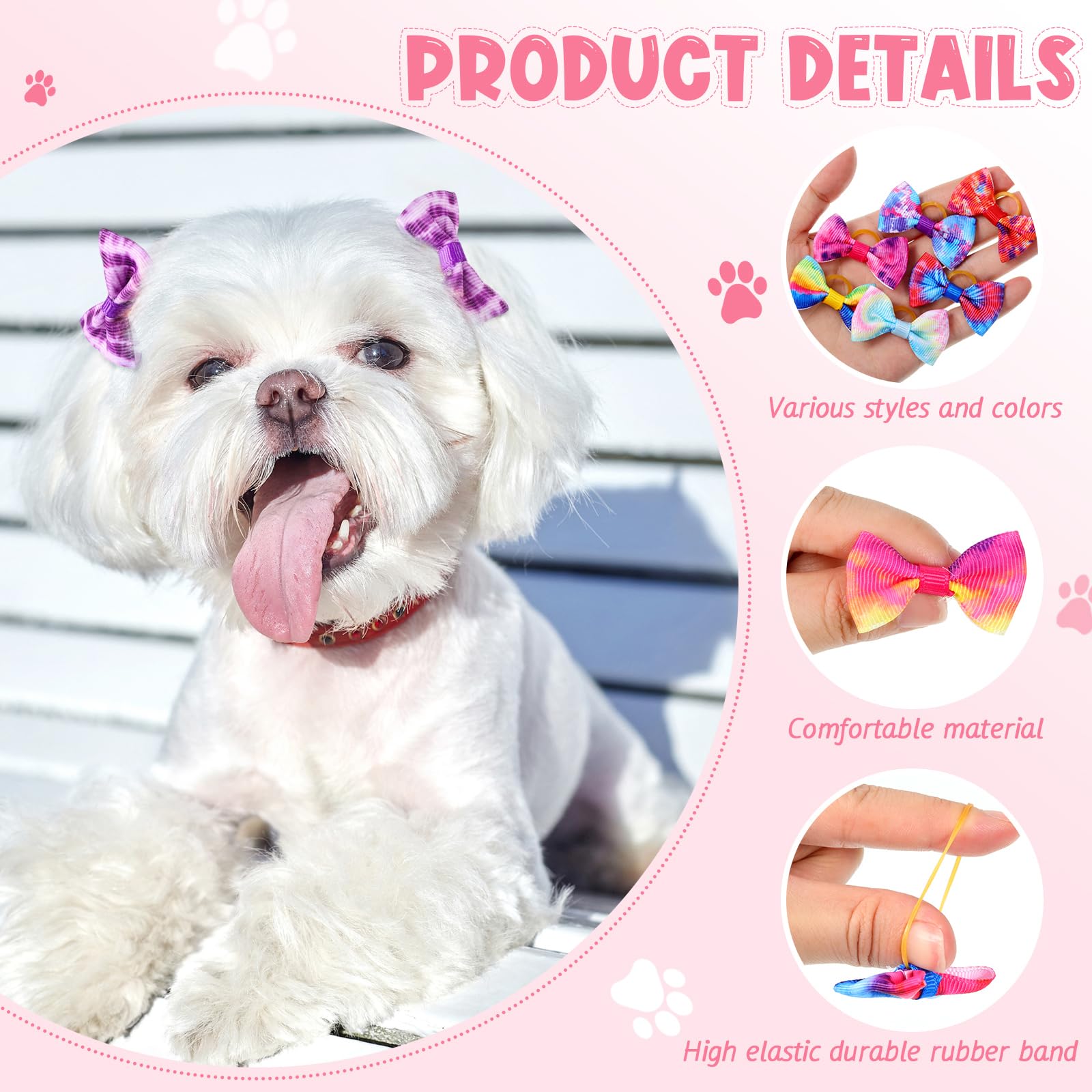Shinylin 60 Pcs Cute Puppy Dog Hair Bows Small Bowknot Hair Bows with Rubber Bands Handmade Knot Accessories Pet Grooming Products for Holiday Birthday Gift(Tie Dye)