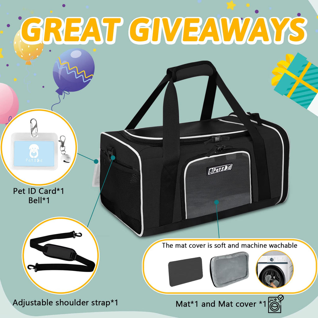 Petskd Small Pet Carrier 17" L x 11" W x 9.5" H Airline Approved, Black