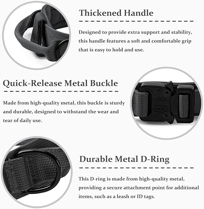 Tactical Dog Collar, Adjustable Military Training Nylon Dog Collar with Control Handle and Heavy Quick-Release Metal Buckle for Small Medium Large Dogs, Grey M