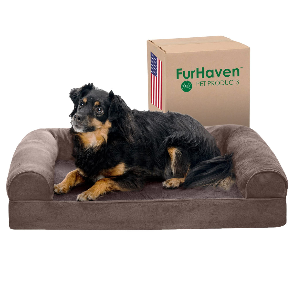 Furhaven Orthopedic Dog Bed for Large/Medium Dogs w/ Removable Bolsters & Washable Cover, For Dogs Up to 55 lbs - Faux Fur & Velvet Sofa - Dark Sage, Large