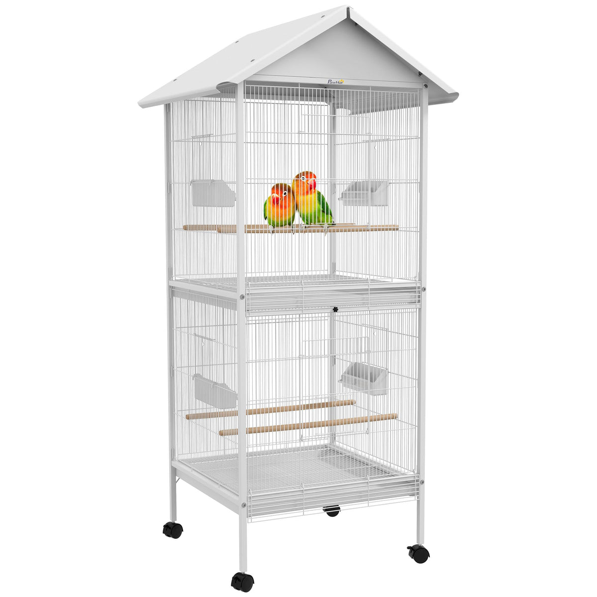 PawHut Wrought Metal Bird Cage Feeder with Rolling Stand Doors 67" H White