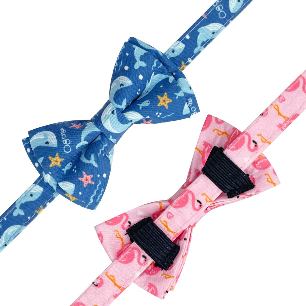 Jelwuion 2 Pack Cotton Cat Collar with Bow Tie and Bell for Girl Boy Cats,Cute Pink Flamingo and Blue Whale Pattern Spring Summer Breakaway Cat Collar for Male Female Cats (Flamingo&Whale)