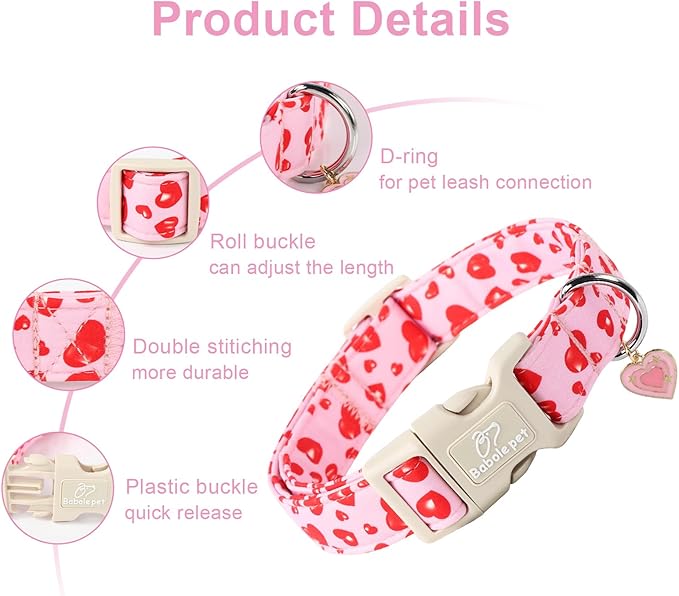 Valentines Dog Collar, Cute Pink Dog Collar with Red Heart Printed, Comfortable Girl Puppy Collar with Quick Release Plastic Buckle, Medium
