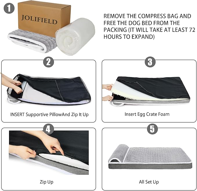 Orthopedic XL Dog Bed Large Sized Dog with Pillow 42''X28'', Waterproof Soft Comfortable Egg Crate Foam Pet Crate Beds Mat with Removable Washable Cover and Non-Slip Bottom, Cream