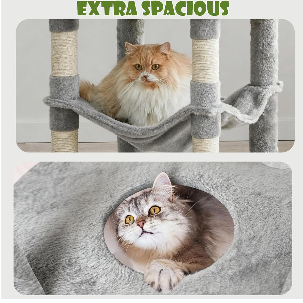 KWOJU 78.8" Large Cat Tree Tower for Indoor Kitties, Multi-Level Furniture Activity Center for Tall Cat Condo with Cozy Perches,Sisal Scratching Posts,Hammock and Basket (78.8 inch Light Gray)