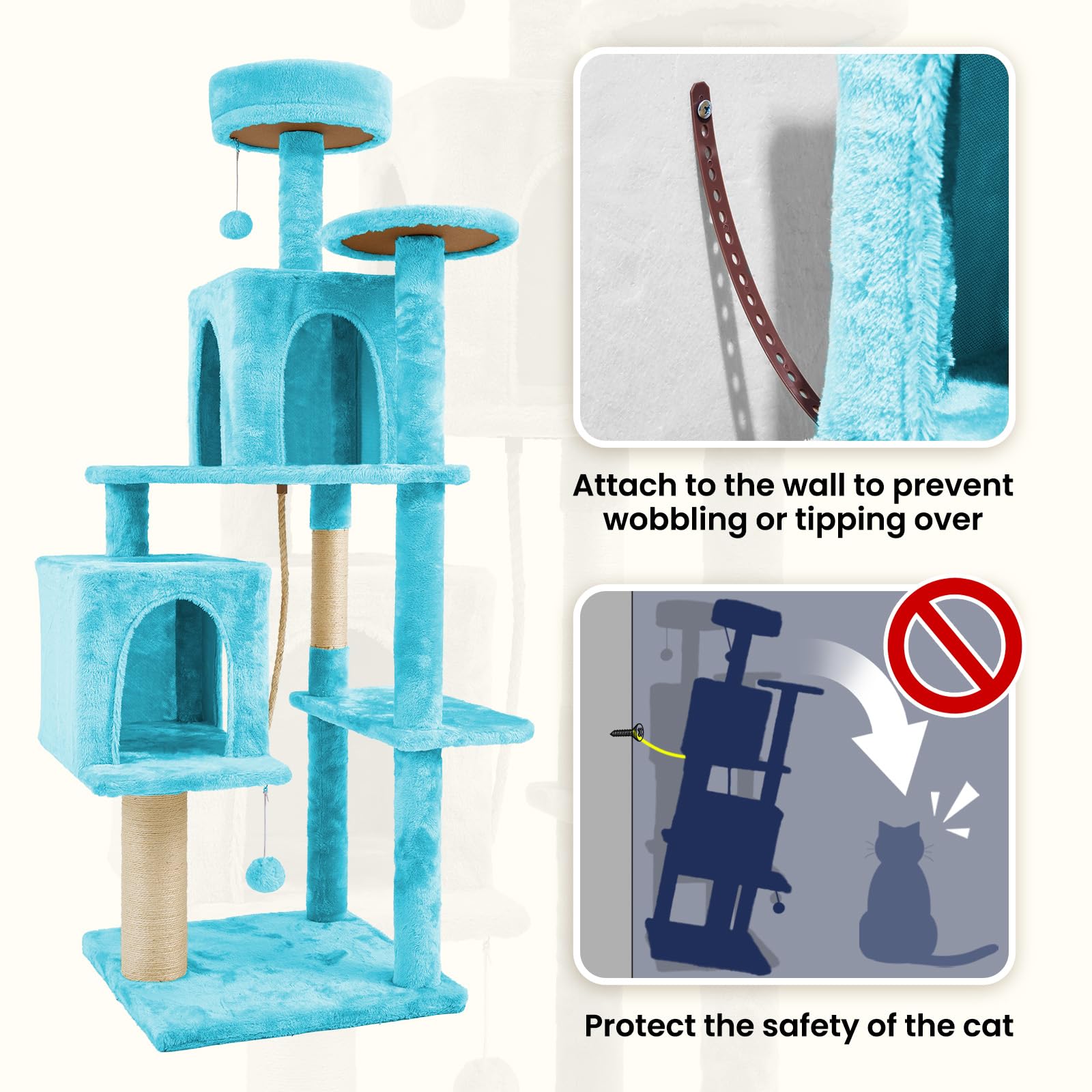 TSCOMON 58.5inch Large Cat Tree Tower Condo for Indoor Cats, Soft Plush Multi-Level Climbing Tree Cat House, Scratching Post, More Entrance/Exit, Sisal Rope, Peacock Blue
