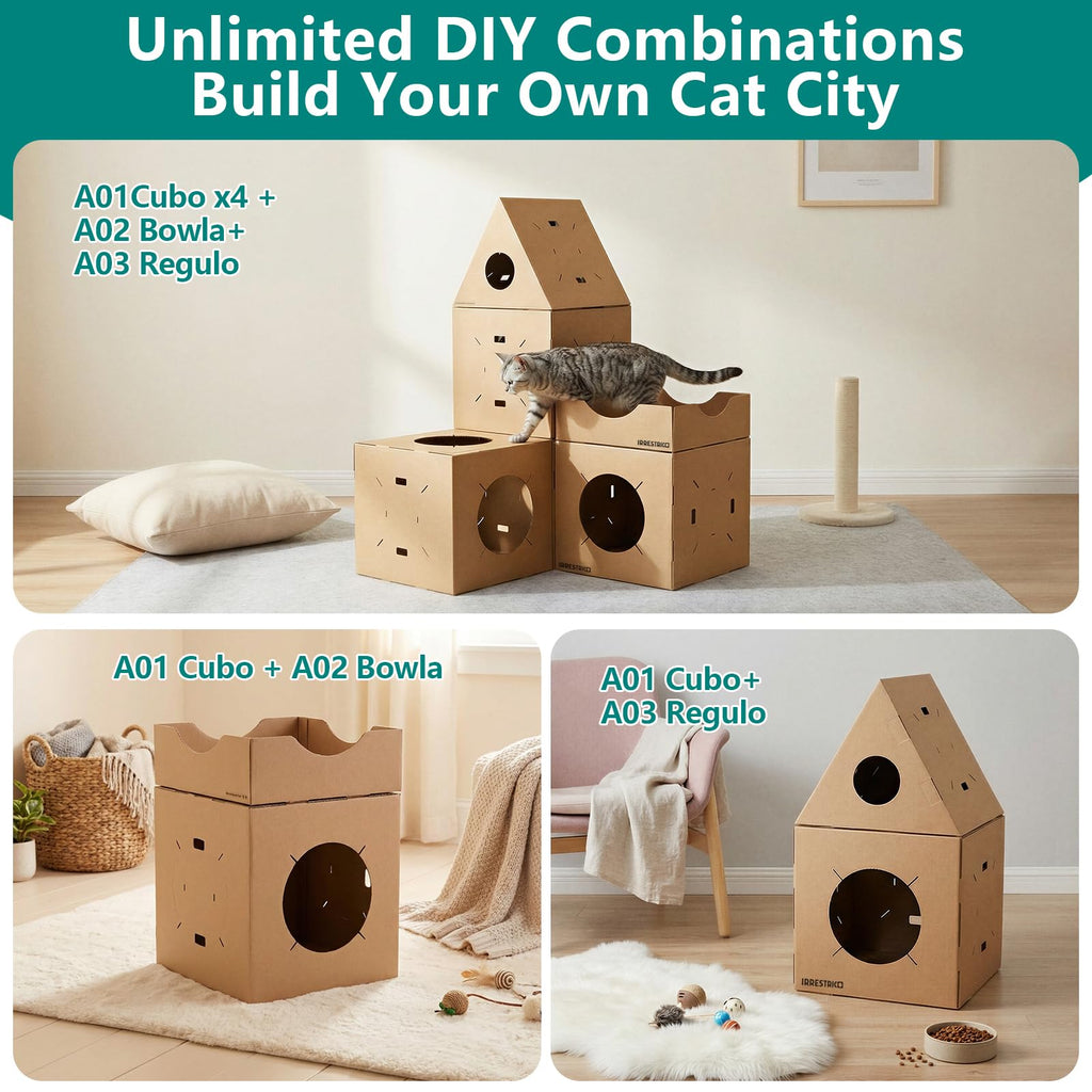 IRRESTRICO Modular Cardboard Cat Condo System, Bowl-Shaped Cat Bed Module, Cardboard Cat Bed, Foldable DIY Cat Bed for Indoor Cats