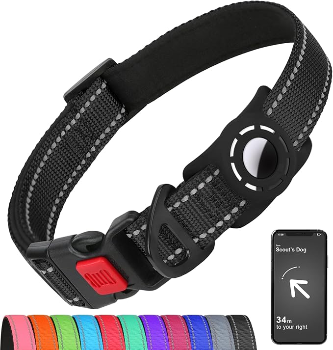 Erbine AirTag Dog Collar with AirTag Holder Compatible for Air Tag, Reflective Soft Padded, Safety Locking Buckle, Adjustable Nylon for Small Medium Large Dogs (Black,XS)