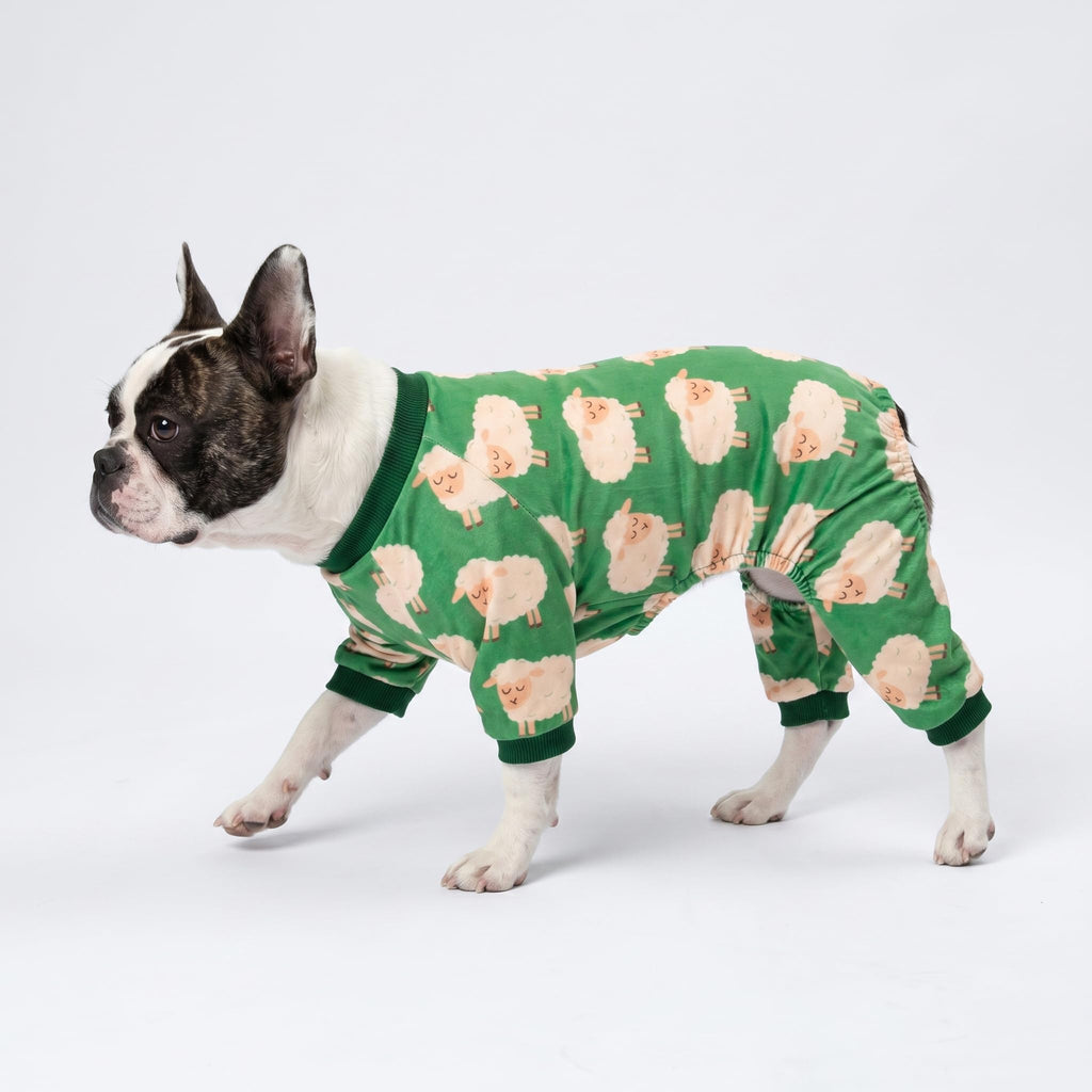 Fitwarm Funny Sheep Dog Pajamas, Warm Winter Dog Clothes for Small Dogs Boy Girl, Cozy Pet Onesie with Feet, Green, White, XS