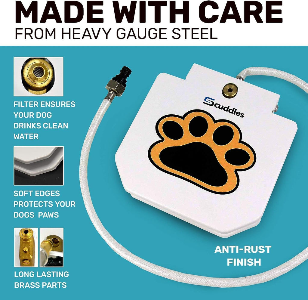 Scuddles Dog Sprinkler, Paw Activated Water Fountain, Outdoor Dog Water Sprinkler with Copper Valve, Easy Step-On Pedal, Perfect For Dogs to Stay Cool and Hydrated, Hose Attachment and Training Guide,