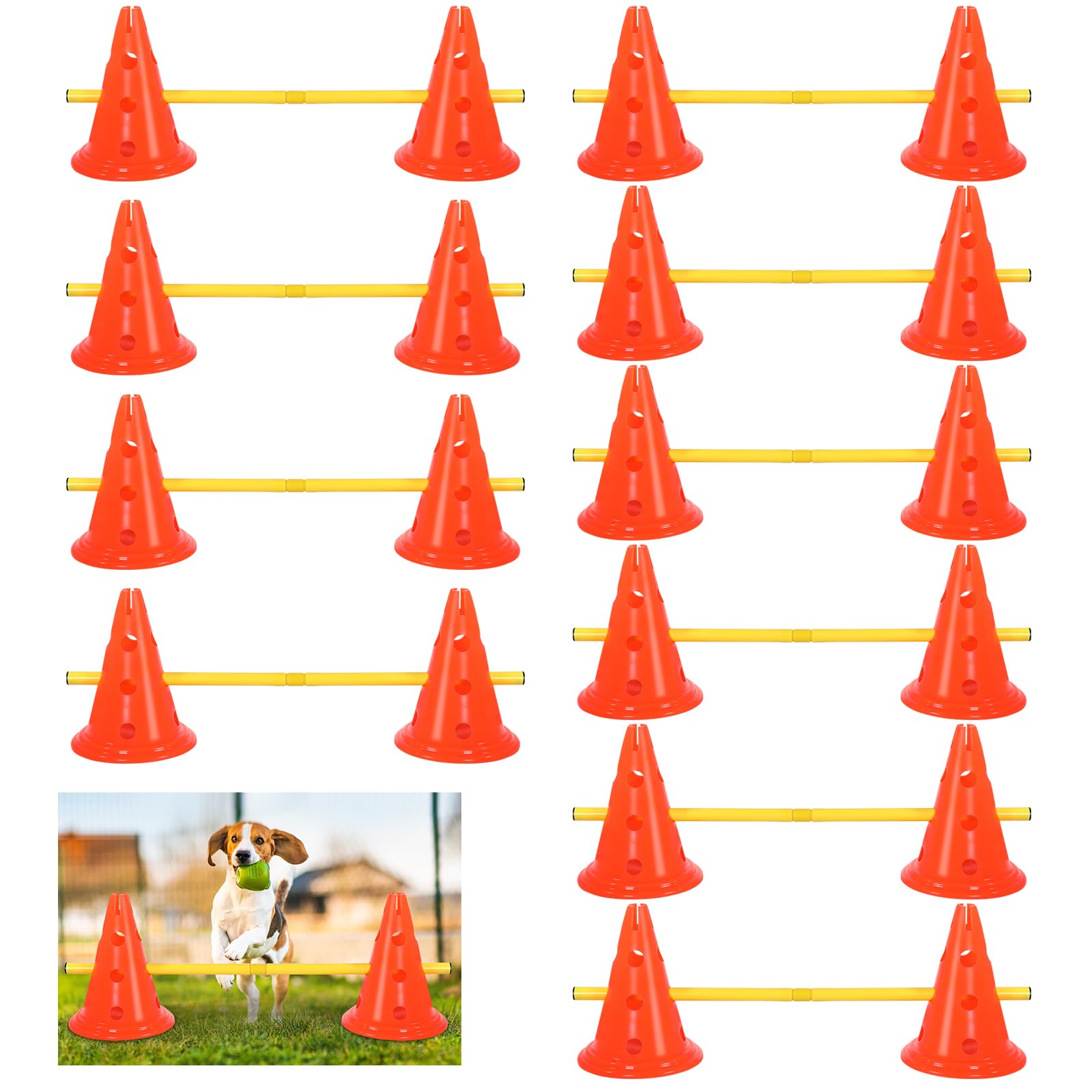Glimin 10 Sets Dog Agility Hurdle Cone Set 20 Pcs Exercise Cones with 10 Pcs Rods Adjustable Obstacle Portable Agility Training Equipment Canine Pole(Orange and Yellow)