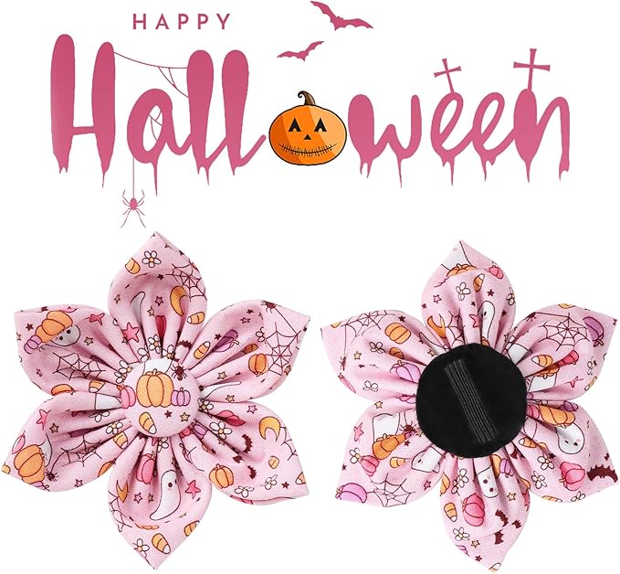 UP URARA PUP Halloween Dog Collar With Flower, Pink Puppy Collar With Adjustable Metal Buckle, Fancy Bowtie Gift for Girl Boy Dog, XS