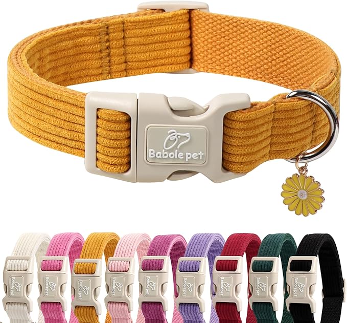 Babole Pet Cute Corduroy Dog Collar - Mustard Yellow Adjustable Dog Collars for Medium Dogs 25-50lbs, Fade-Proof with Secure Snap & Little Charm, Christmas Birthday Gift, M