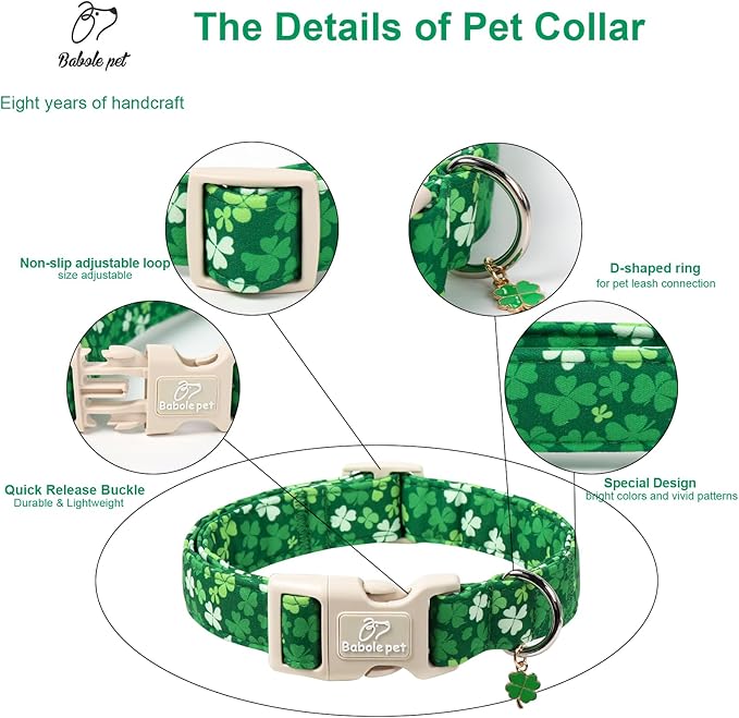 Babole Pet St. Patrick's Day Dog Collar for Small Dogs - Bold Green Lucky Clover Dog Collars, Cute Irish Party Shamrock Puppy Collar, Lightweight Adjustable St. Patricks Day Pet Collars S