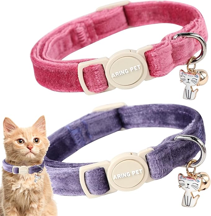 ARING PET 2 Pack Cat Collar, Christmas Breakaway Kitten Small Collars with Bells for Girl Boy Cats-Pink Reindeer Santa Claus & Green Xmas Tree
