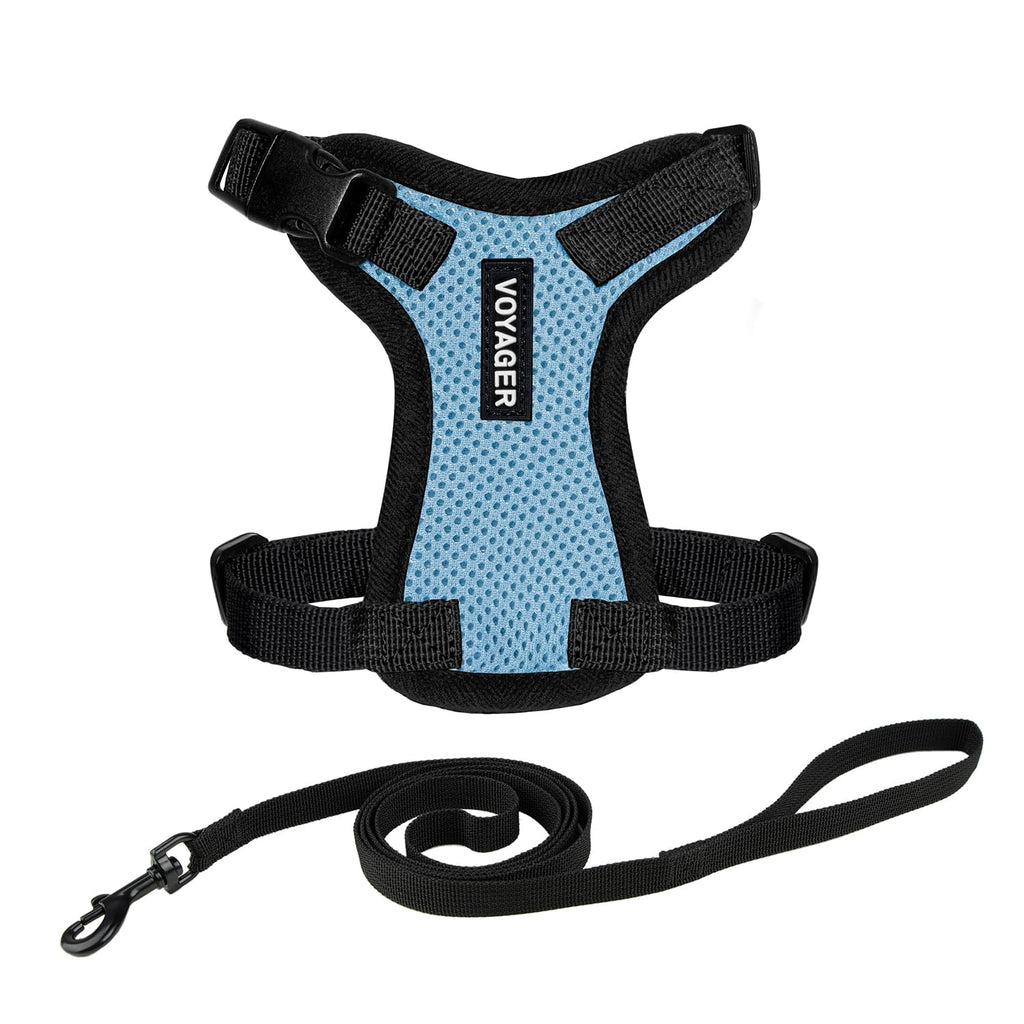 Voyager Escape-Proof Step-in Lock Cat Harness & 5ft Neoprene-Handle Leash Set All-Weather Mesh with Reflective Stitching for Small to Large Cats by Best Pet Supplies, Baby Blue/Black Trim, XS