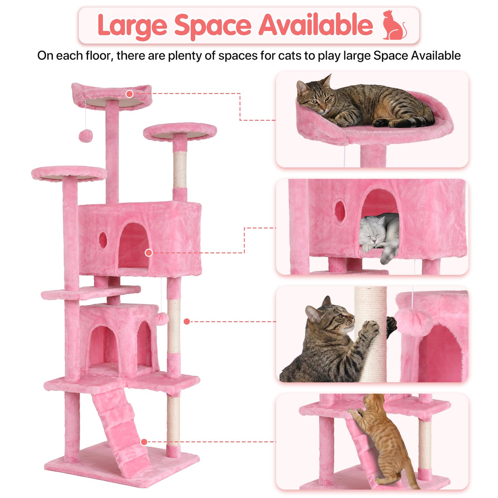 70in Cat Tree Cat Climbing Tower with Scratching Post, Cats House Perch Kitten Tree Condo Wood Playhouse, Pet Trees Tower for Indoor Cats, Pink