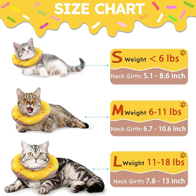 Cat Cone Collar Soft, Waterproof Cat Recovery Collars Spay Cones to Stop Licking Cute Donut E Collar After Surgery Anti-Lick Wound Healing Safety Elizabethan Collar for Kittens (Donut Yellow, Large)