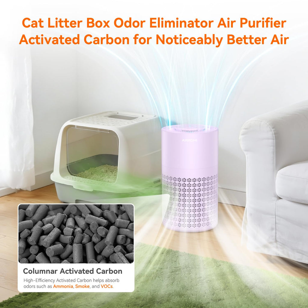 AIRROMI Air Purifier for Bedroom with HEPA 3-in-1 Filter, Pet Air Purifier for Home Cat Pee Smell, Covers Upto 990 Ft², Quiet 360°intake Air Cleaner for Pet Hair,Allergies,Pollen,Smoke A2001 Purple