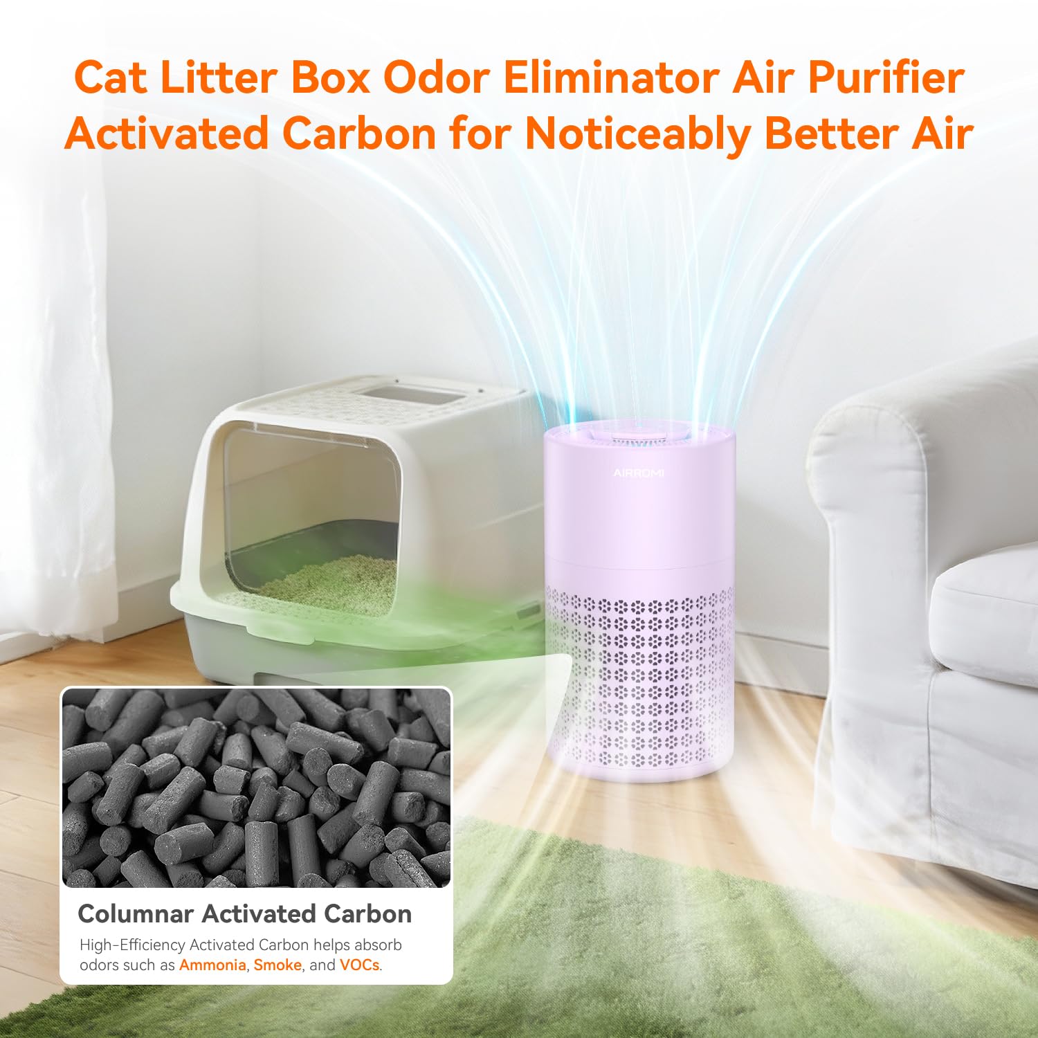 AIRROMI Air Purifier for Bedroom with HEPA 3-in-1 Filter, Pet Air Purifier for Home Cat Pee Smell, Covers Upto 990 Ft², Quiet 360°intake Air Cleaner for Pet Hair,Allergies,Pollen,Smoke A2001 Purple