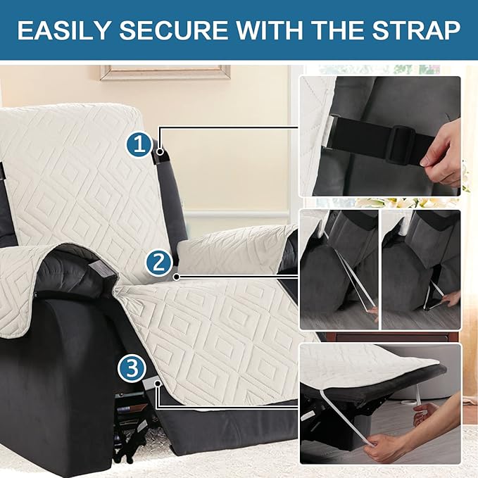 H.VERSAILTEX Reversible Quilted Recliner Covers Water Resistant Furniture Protector for Reclienr Chair with Elastic Straps for Pets Kids Sitting Width Up to 28"(Oversized Recliner, Ivory/Beige)