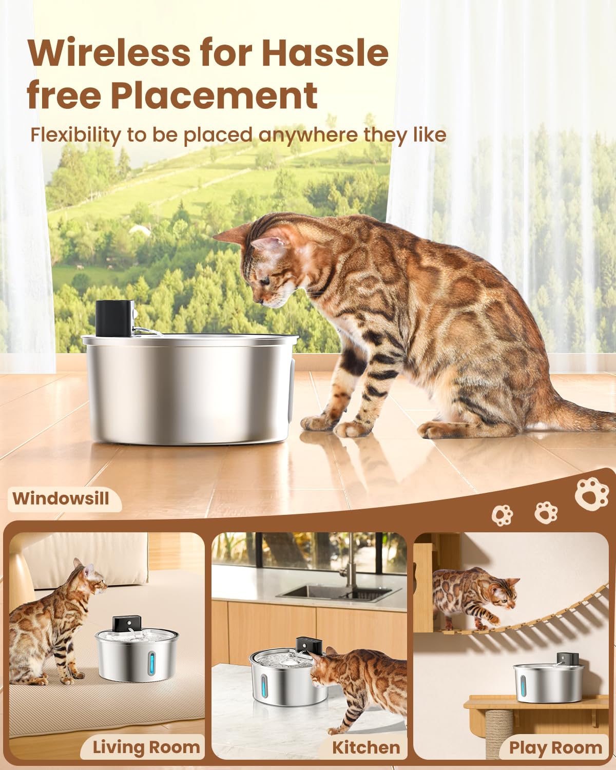 PawPoll Wireless Cat Water Fountain Stainless Steel - 3.2L/108oz Cordless Pet Water Fountain Battery Operated Cat Water Dispenser Ultra Silent Rechargeable Water Fountains for Cats and Dogs