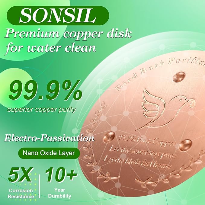 SONSIL Bird Bath Copper Disk, Sturdy 1mm 99.9% Pure Copper Disk, Triple-Point Support Ensures Clean Water Year-Round, Fits Most Outdoor Birdbath Bowls (1)