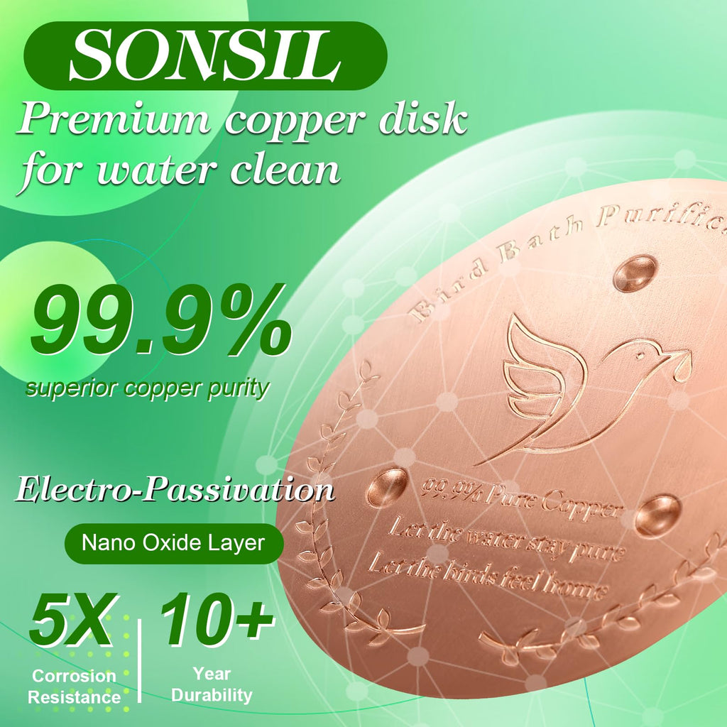 SONSIL Bird Bath Copper Disk, Sturdy 1mm 99.9% Pure Copper Disk, Triple-Point Support Ensures Clean Water Year-Round, Fits Most Outdoor Birdbath Bowls (1)