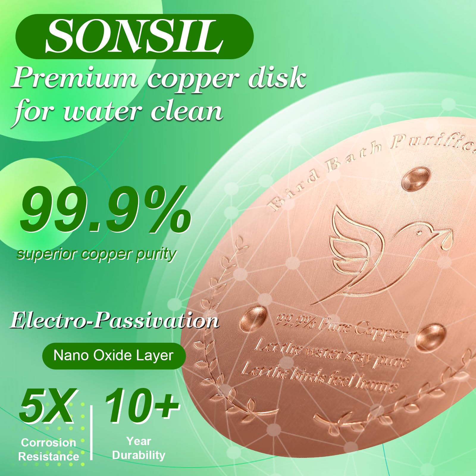 SONSIL Bird Bath Copper Disk, Sturdy 1mm 99.9% Pure Copper Disk, Triple-Point Support Ensures Clean Water Year-Round, Fits Most Outdoor Birdbath Bowls (1)