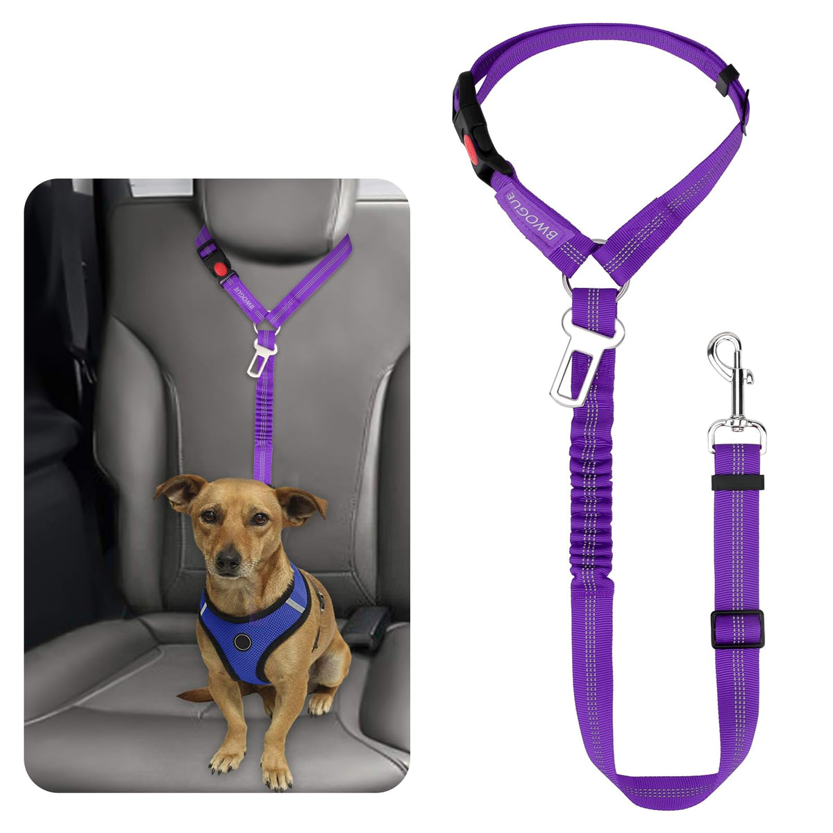 BWOGUE Dog Seat Belt for Car, Headrest Restraint Reflective Bungee, 1 Pack