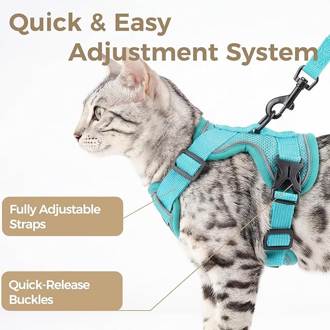 Cat Harness and Leash Set Escape Proof Tactical Extra Large Kitten Harness Emotional Support Cat Vest, Turquoise, XL